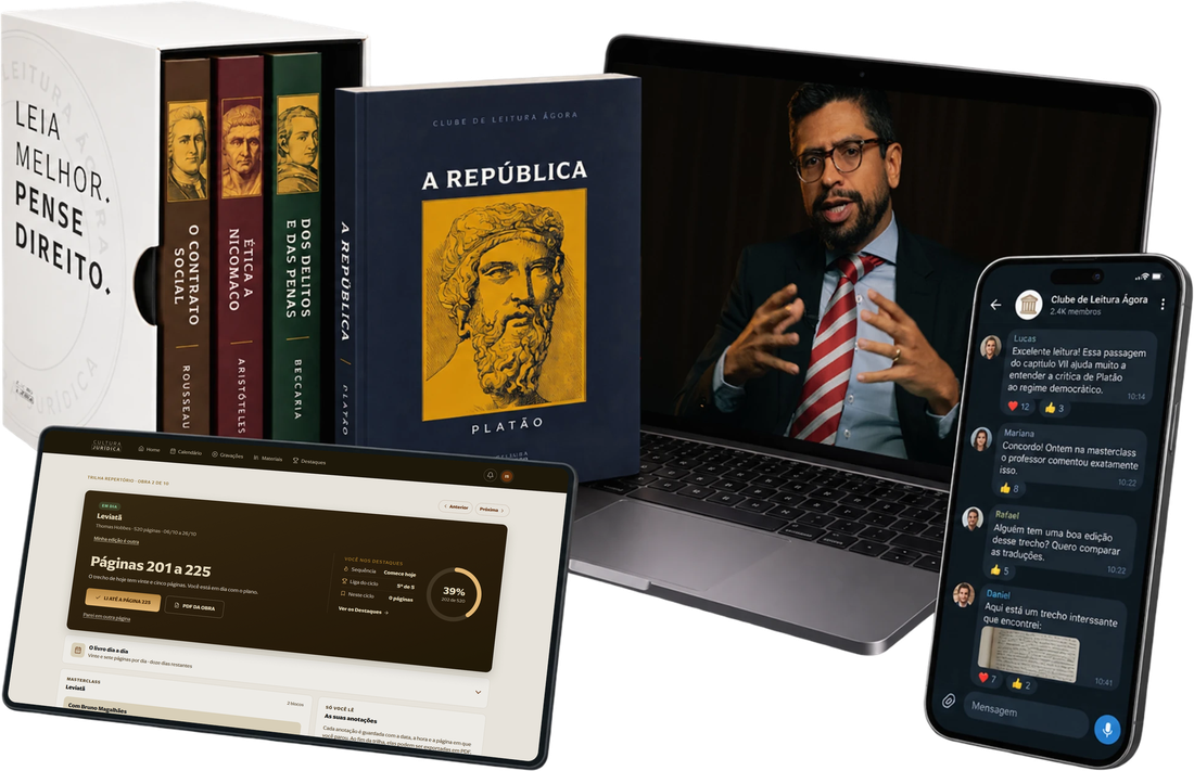 O box com os quatro volumes do Clube e a edição de A República, a masterclass no notebook, o Planner de Leitura no tablet e o canal do Clube no celular.