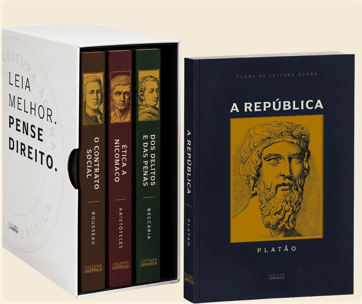 Box do Clube com O Contrato Social, Ética a Nicômaco e Dos Delitos e das Penas, ao lado do volume de A República