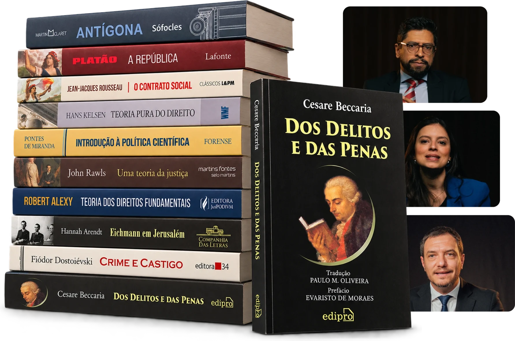 Pilha com os vinte livros das duas trilhas e fotos de três dos professores do Clube